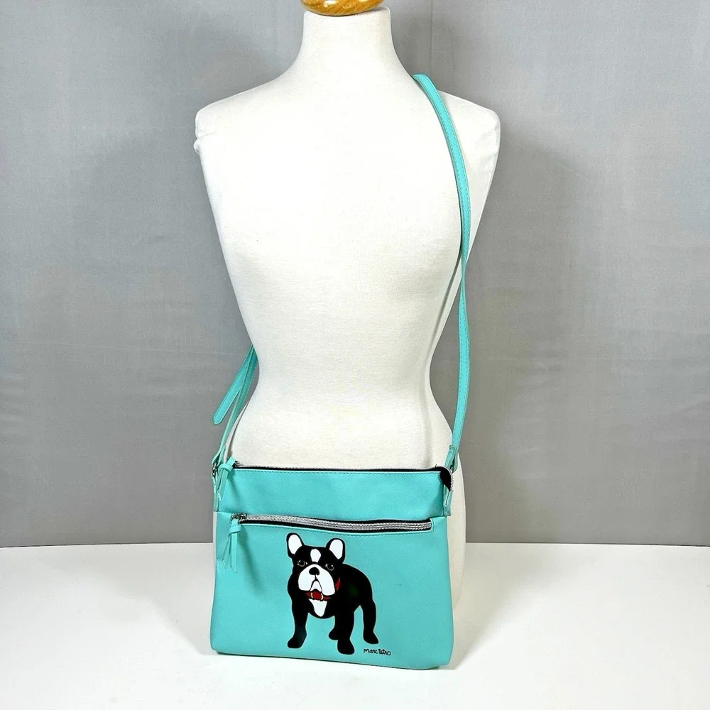 Marc Tetro French Bulldog Crossbody Double Zip Bag Black and White Frenchie Aqua